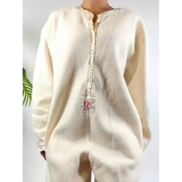 NWT Vintage 90s Victoria’s Secret Cream Fleece Pajama One Piece L Cottagecore - Picture 2 of 12